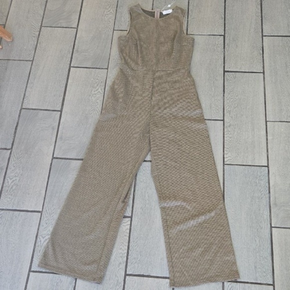 NWT Sage The Label Houndstooth Wide Leg Jumpsuit Brown Small Sleeveless Zip